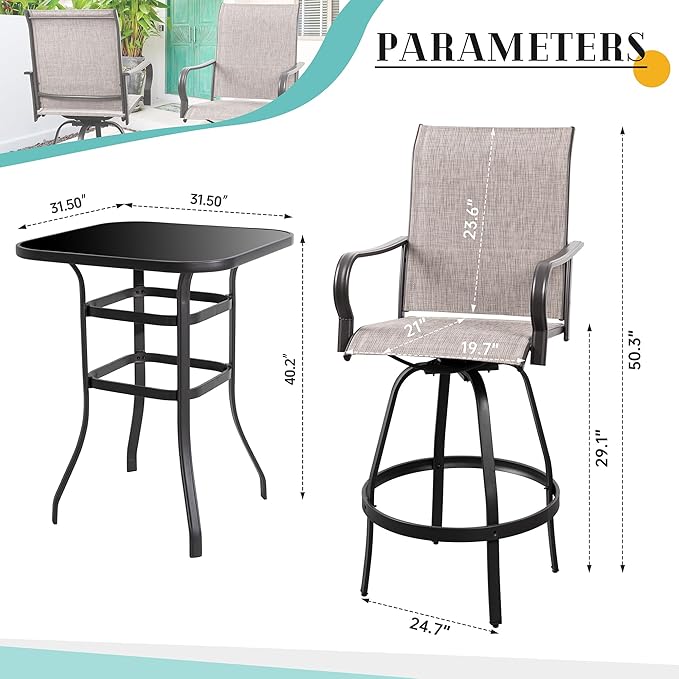 Vongrasig 3 Piece Patio Swivel Bar Set, All Weather Mental Textilene High - Image 5