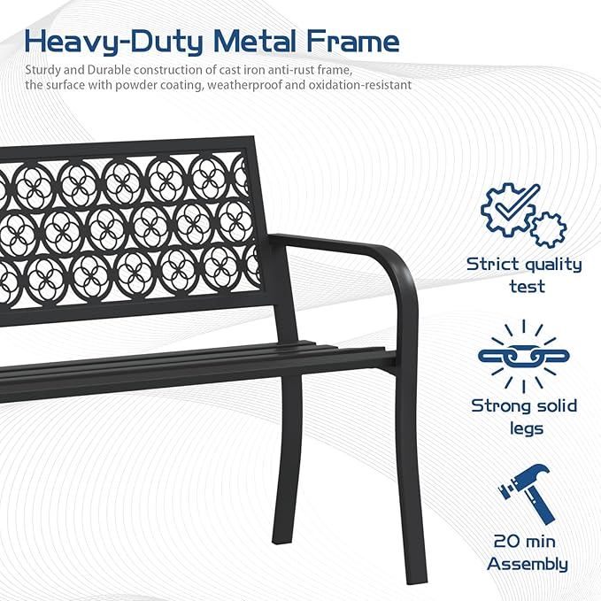 50" Outdoor Bench, Metal Weatherproof Garden Bench Cast Iron Heavy-Duty Patio - Image 5
