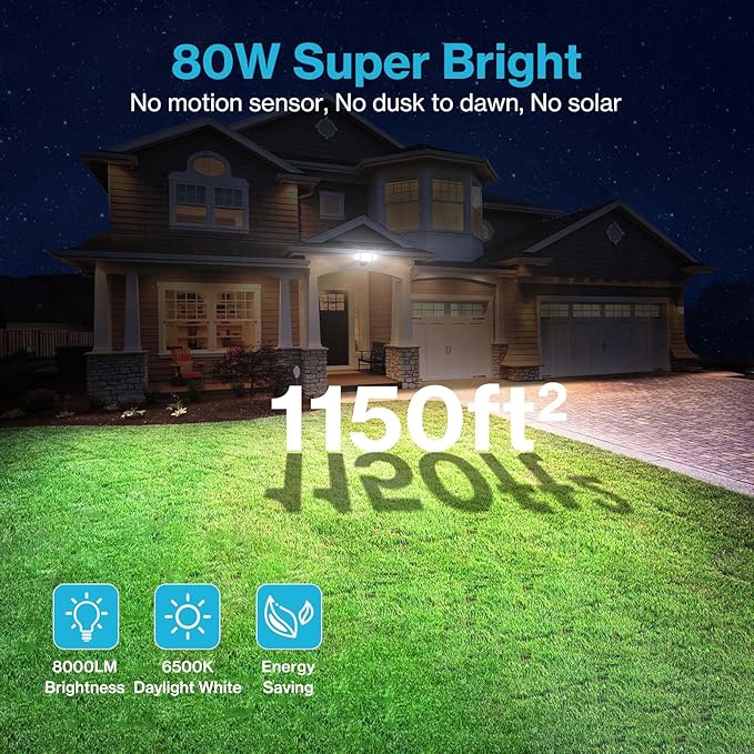 Olafus 80W Flood Lights Outdoor 2 Pack, Switch Controlled LED Security Lights - Image 2