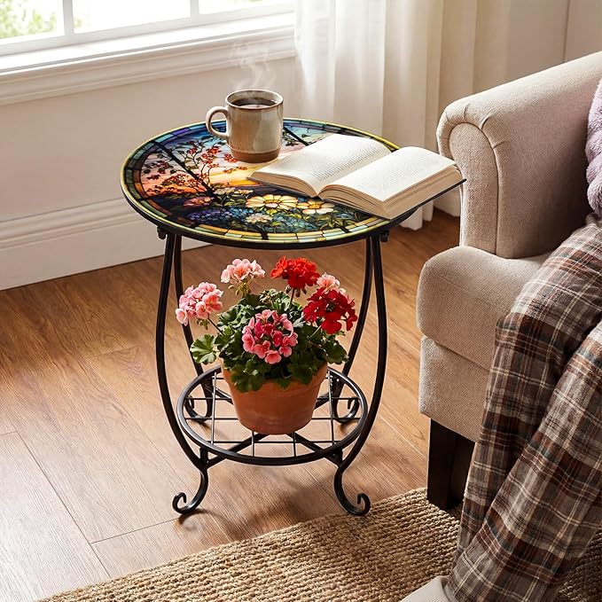 Outdoor Side Table Round Small Mosaic Patio Accent Indoor End Plant Coffee Tea - Image 2