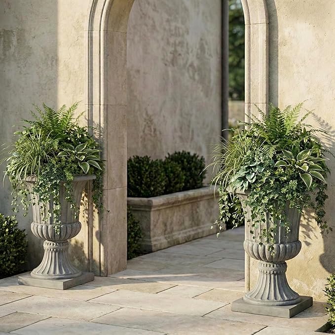 Urn Planters 22", Tall Stone-Resin Pedestal Planters - Image 5