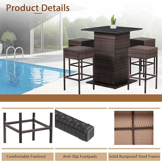 Tangkula 5 Piece Outdoor Rattan Bar Set, Patio Bar Furniture - Image 5