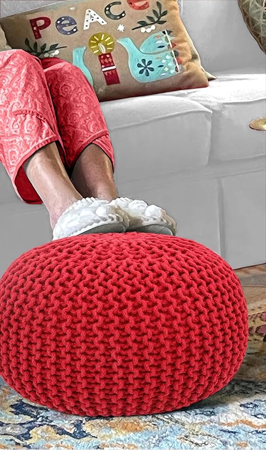 COTTON CRAFT - Hand Knitted Cable Style Dori Pouf - Red - Floor Ottoman - - Image 4