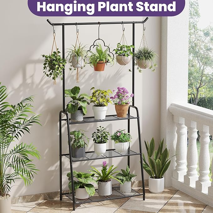 Metal Plant Stand Indoor Outdoor, 3 Tier Tall Corner Plant Shelf, Hanging - Image 3