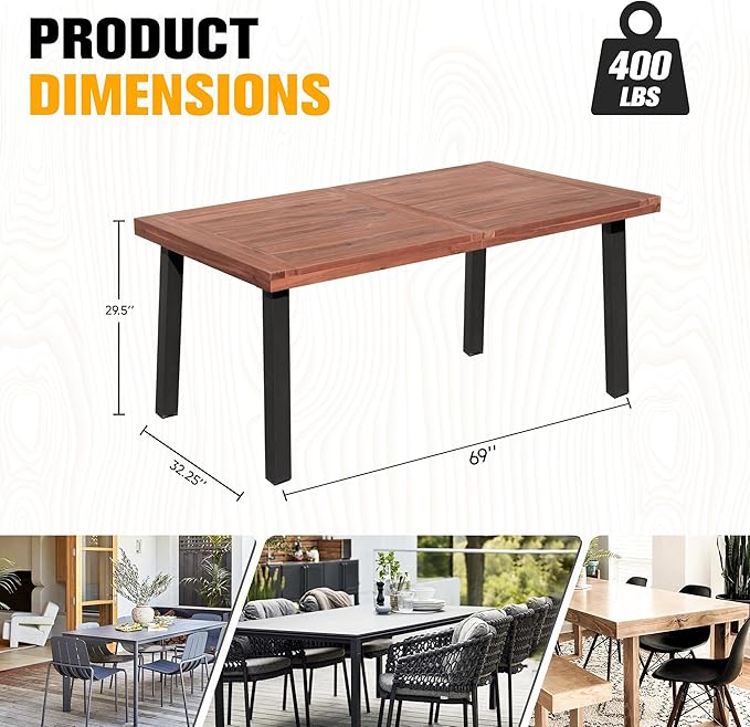 Flamaker Dining Table for 6 FSC Acacia Wood Indoor Outdoor Home Kitchen Table - Image 2