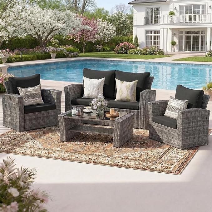 Wisteria Lane 4 Piece Patio Furniture Set, Wicker Outdoor Patio Conversation by WisteriaLane