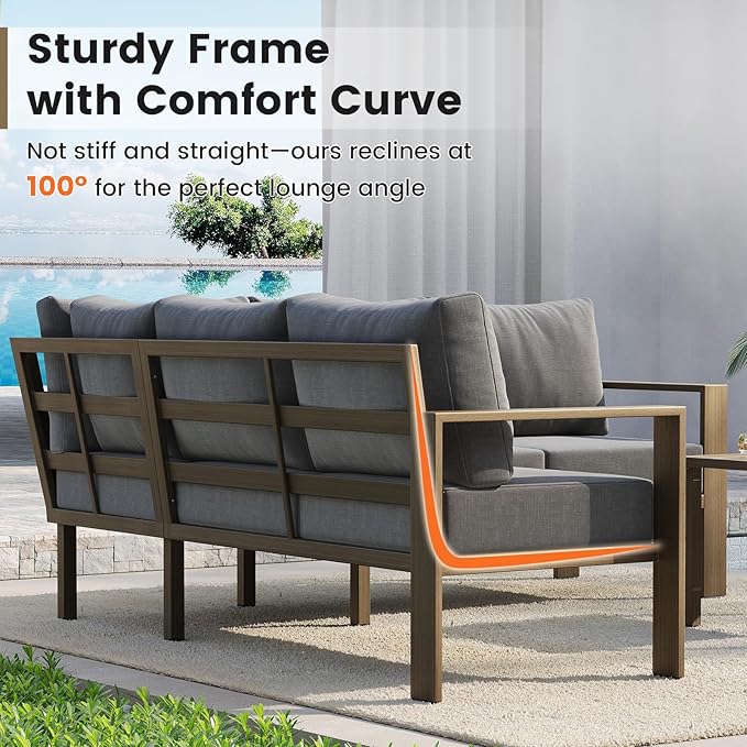UDPATIO 6 Piece Patio Furniture Set, Faux Wood Metal Outdoor Sectional Sofa - Image 2