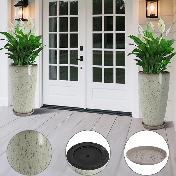 Set of 2 Lightweight Ceramic-Look Tall Planter, 21 inch Large Plastic Planter - Image 4