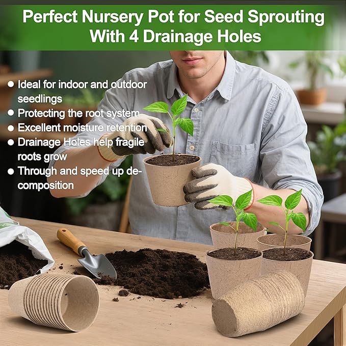 Peat Pots, 60 Pack Plant Starter Round Nursery Pot - Image 2