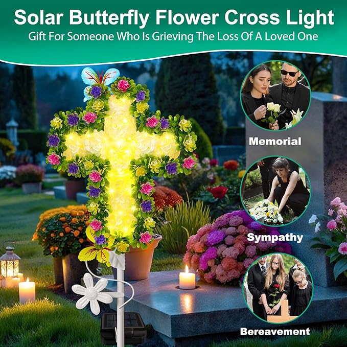 2 Pack Solar Flower Cross for Cemetery Grave, Grave Decorations for Cemetery - Image 3