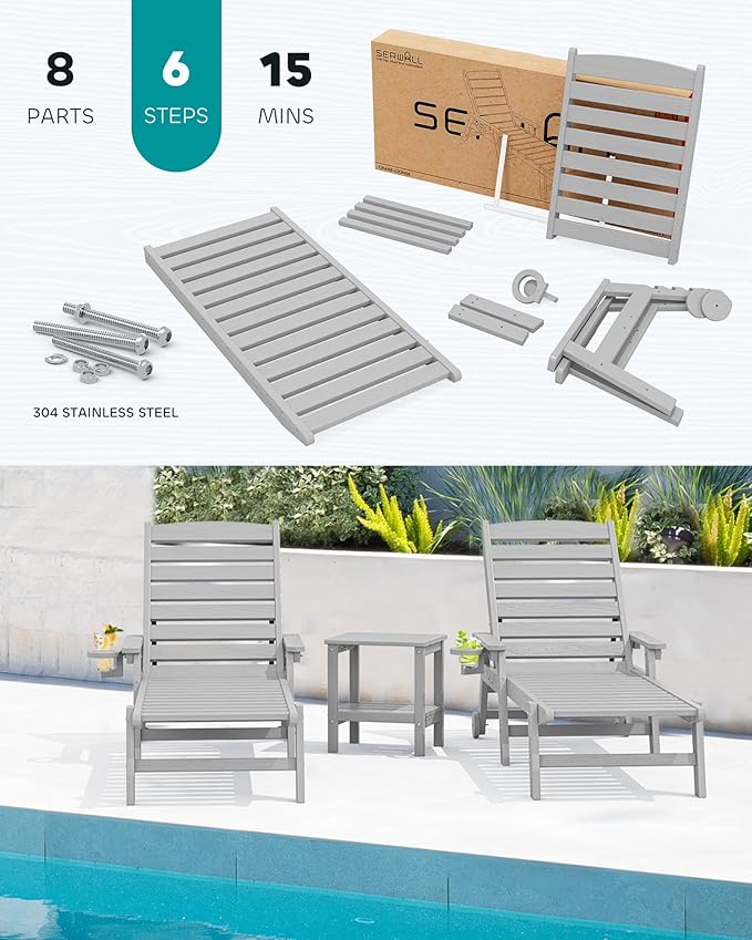 SERWALL Patio Chaise Lounge Chair, Poly Lounge Chair - Image 7