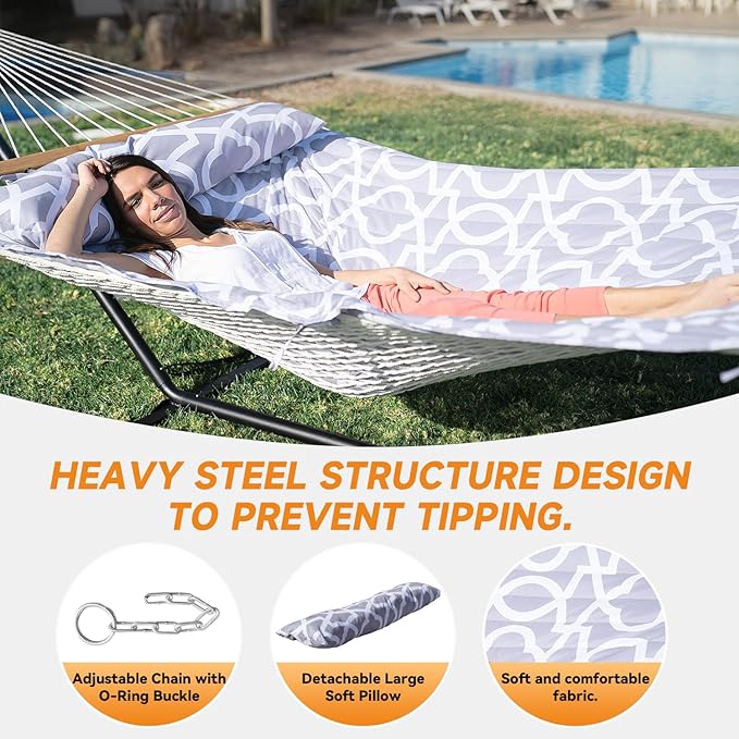 2 Person Outdoor Hammock with Stand, Cotton Rope Hammock with Polyester Pad - Image 5