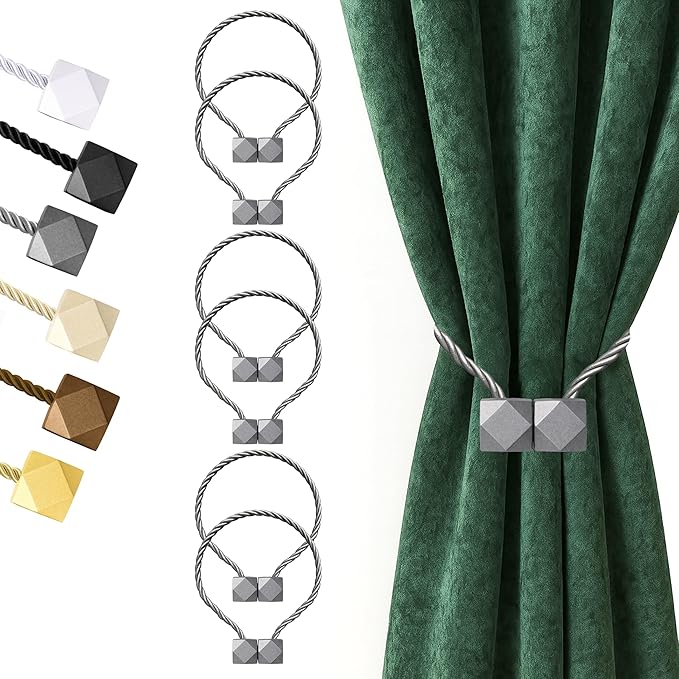 Hion Magnetic Curtain Tiebacks Grey 6 Pack, Curtain Tiebacks Buckles Holdbacks by Hion