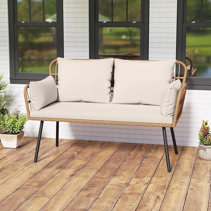 Tangkula Patio Wicker Loveseat, Outdoor Rattan 2-Seat Cushioned Sofa - Image 2