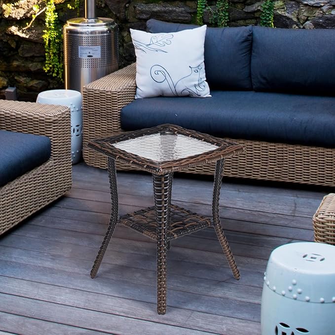 VINGLI Outdoor Side Table with Storage Wicker Patio Side Table, Tempered Glass - Image 6