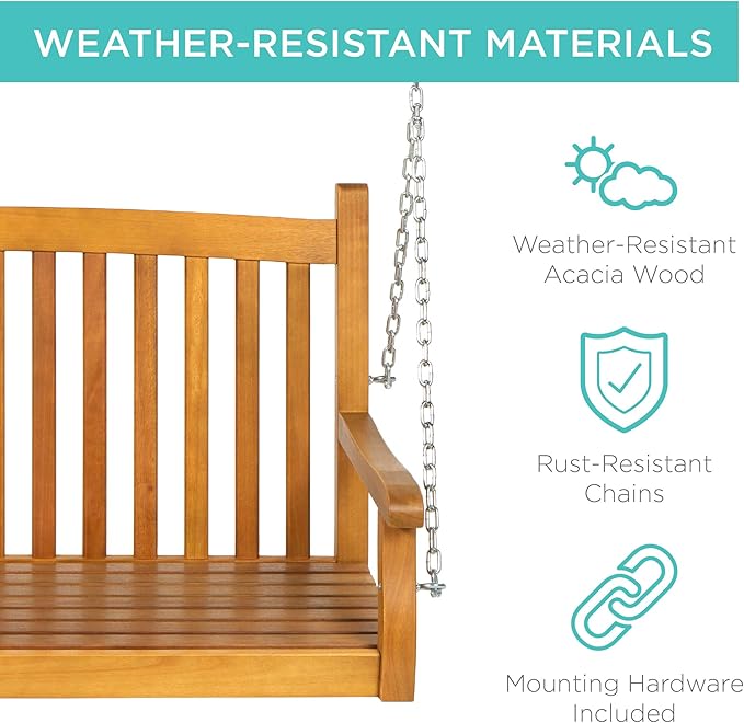 Best Choice Products 48in Wood Porch Swing Outdoor Patio Hanging Bench Chair - Image 2