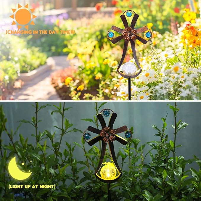 VCUTEKA Solar Garden Lights Cemetery Metal Flower Decor Colorful Solar Pathway - Image 7
