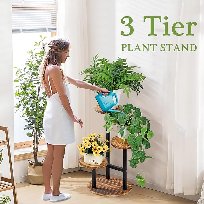 VECELO 3 Tier Plant Stand Indoor Outdoor, Tall Metal Wood Flower Shelf - Image 2