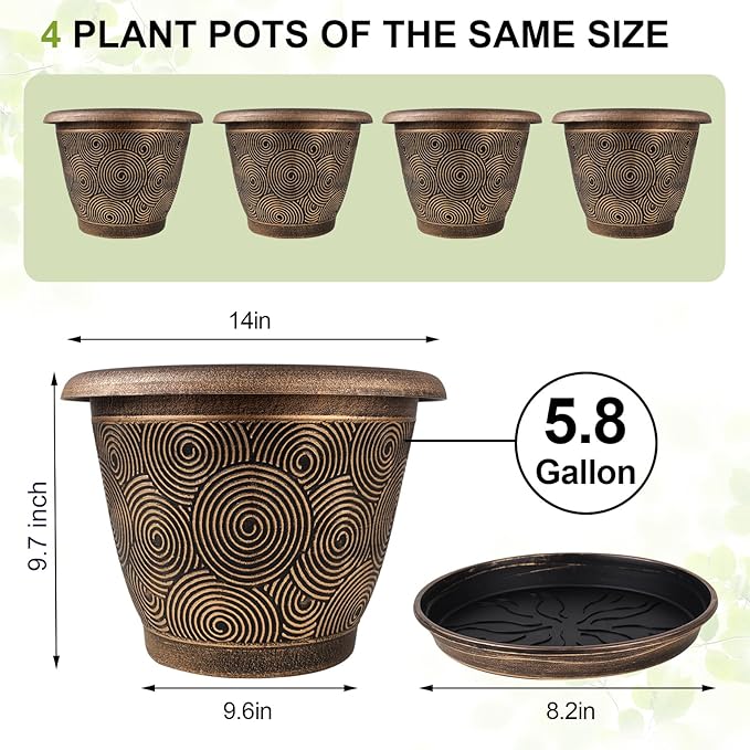 14 Inch Large Planter Pot for Plants Indoor Outdoor, 4 Pack Plastic Flower Pots - Image 4