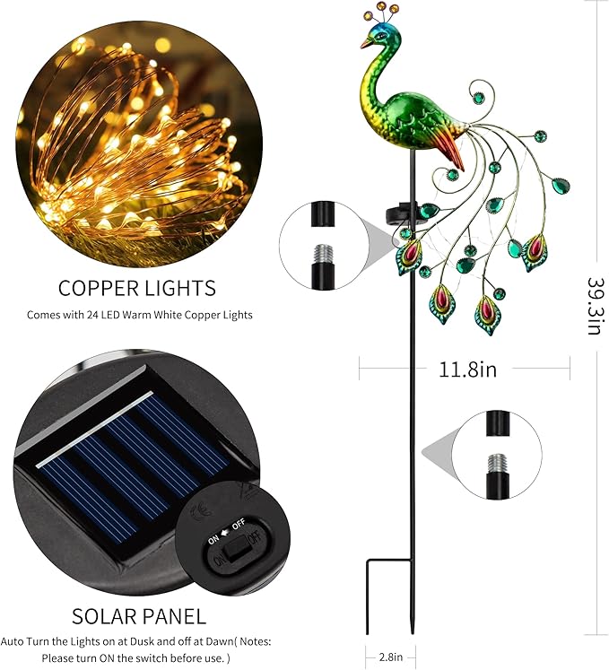 Glintoper Solar Garden Lights, 39 Inch Height Outdoor Metal Peacock Decorative - Image 2
