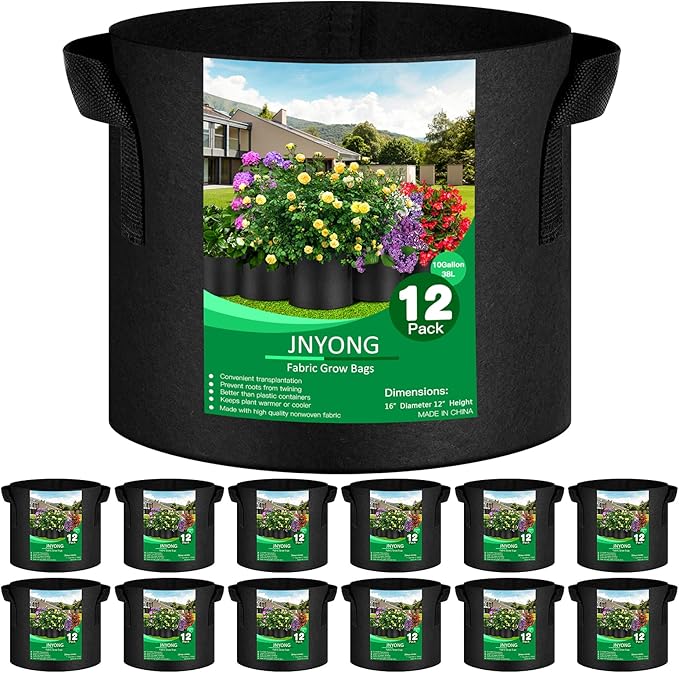 12-Pack 10 Gallon Thickened Non-Woven Grow Bags, Aeration Fabric Pots by JNYONG