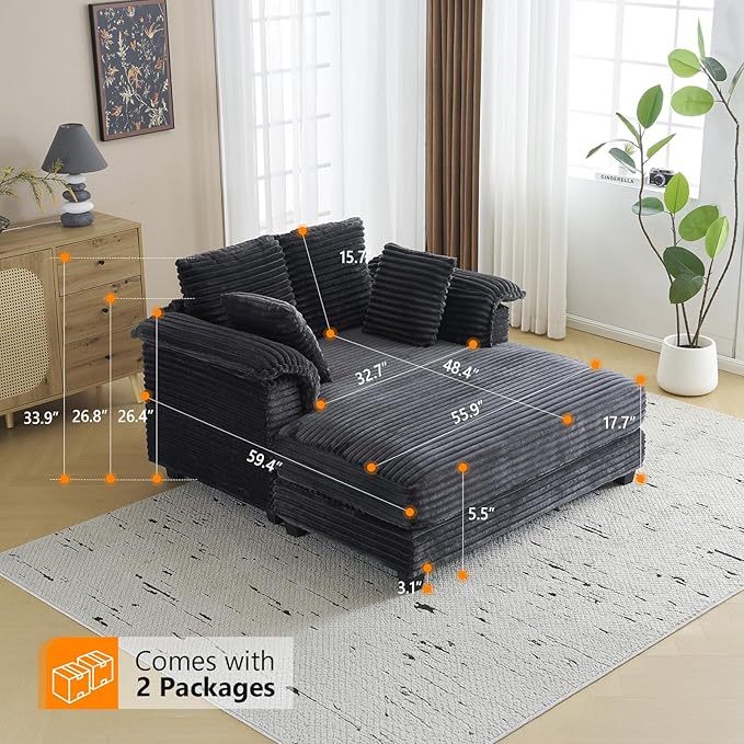 VINGLI 56" Oversized Chaise Lounge Chair, Dark Grey Comfy Corduroy Chaise Sofa - Image 2