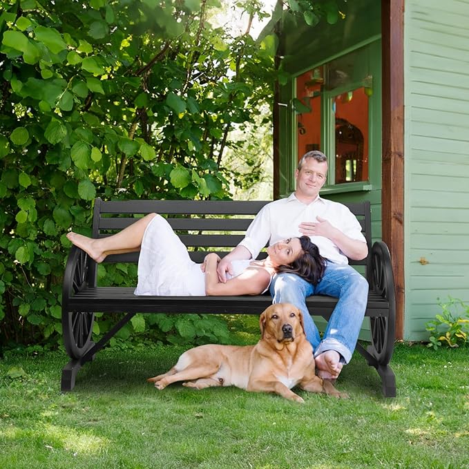 VINGLI Rustic Wooden Wheel Bench Outdoor Bench, Patio Bench Wagon Slatted Seat - Image 2