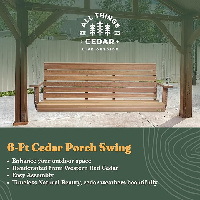 All Things Cedar Wooden Porch Swing, Outdoor Patio Furniture, 6 Foot - Image 2