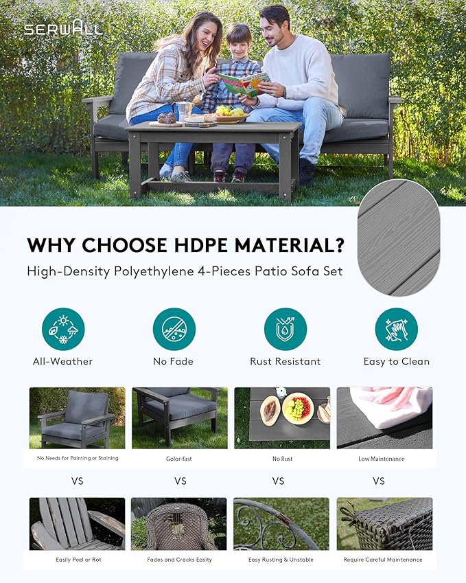 SERWALL HDPE Patio Sofa Set, 4-piece Outdoor Sectional Furniture Set, All - Image 3