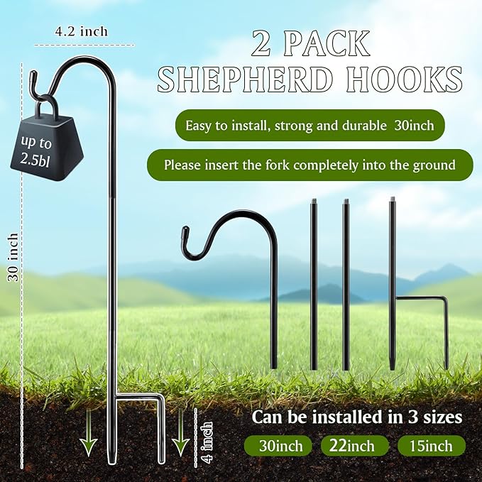 2 Pcs 30 Inch Shepherds Hook for Outdoor Adjustable Bird Feeder Pole Metal - Image 2