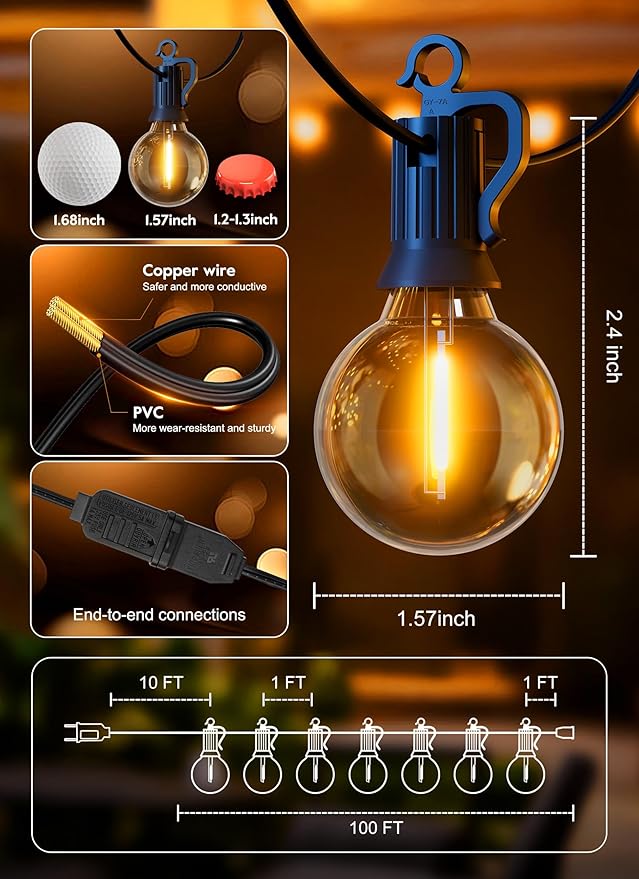 Brightown Outdoor String Lights, 100FT 100+2 G40 Bulbs Shatterproof Patio Lights - Image 6