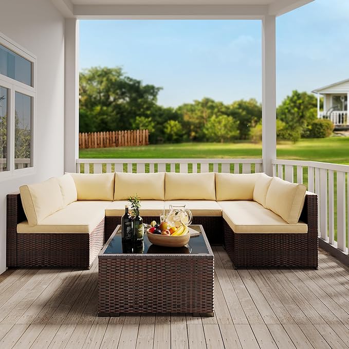 Patio Furniture Sets 7 Pieces Outdoor Sectional Rattan Sofa Manual Weaving - Image 8