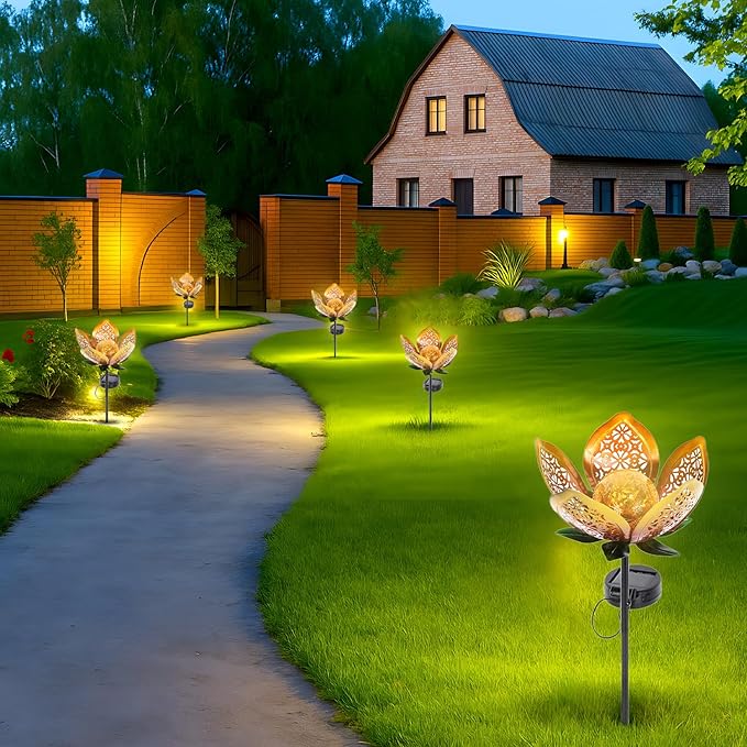 2Pack Solar Lights Outdoor Garden Decor, LED Lotus Flower Lamp, Metal Tulip - Image 7