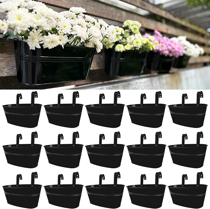 LaLaGreen Rail Planter Outdoor Plants Black Metal Iron Hanging Flower Pots Deck by L%C3%A1L%C3%A1Green