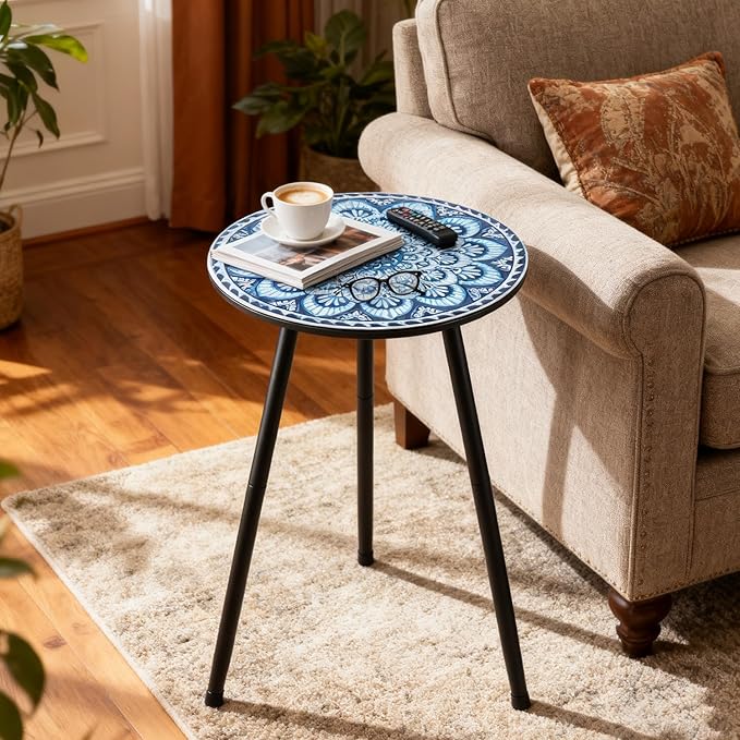 2 Packs Metal Mosaic Round Side Tables 13.4" Small Outdoor Patio Round Accent - Image 2