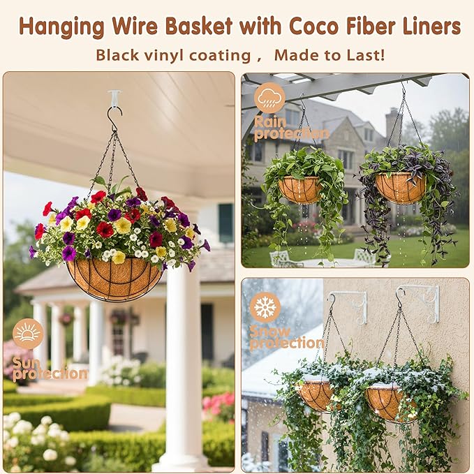 14 inch Metal Hanging Baskets For Plants Outdoor 4 Pack Round Metal Wire - Image 3