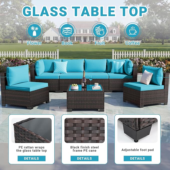 LEVELEVE 7 Pieces Outdoor Patio Furniture Sets, Rattan Conversation Sectional - Image 5