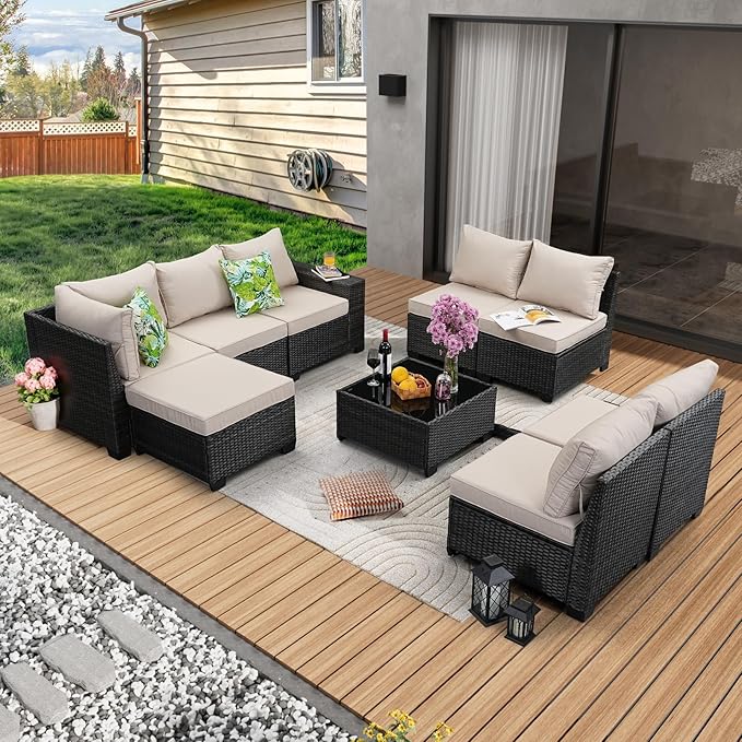 9 Pieces Patio Furniture Set All-Weather Outdoor Wicker Sectional Conversation by JOYURE