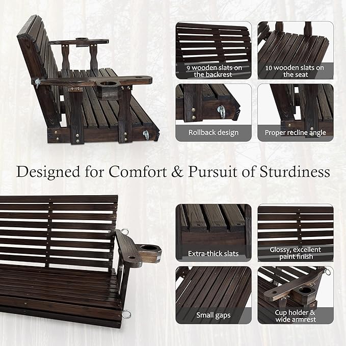 Fortune Candy Wooden Porch Swing 3-Seater, High Backrest and Deep Seat - Image 5