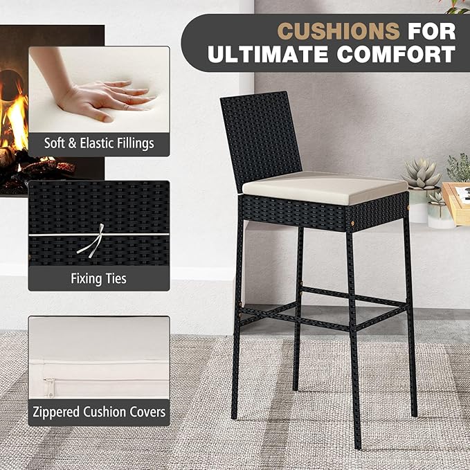 HAPPYGRILL Wicker Patio Barstools Set of 2, Outdoor Rattan Bar Chairs - Image 7