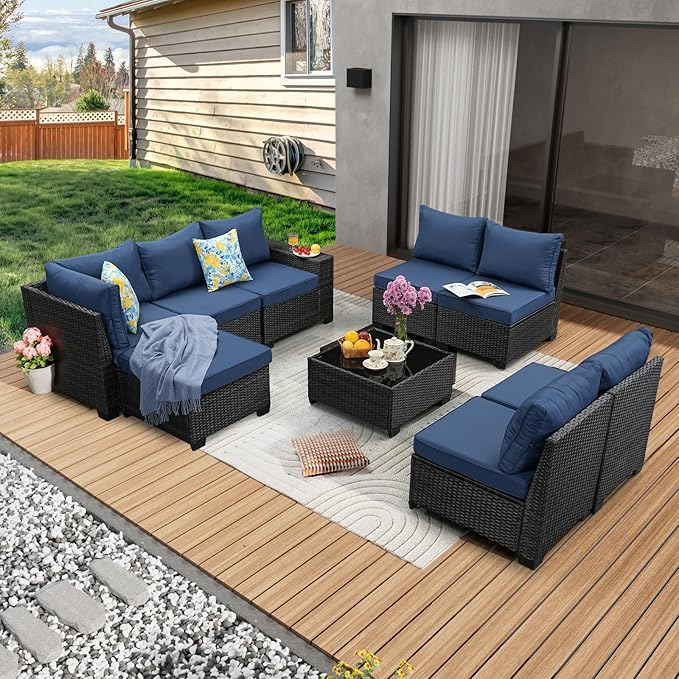 9 Pieces Patio Furniture Set All-Weather Outdoor Wicker Sectional Conversation by JOYURE