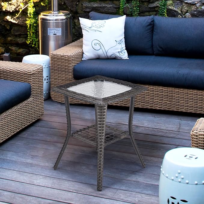 VINGLI Outdoor Side Table with Storage Wicker Patio Side Table, Tempered Glass - Image 2