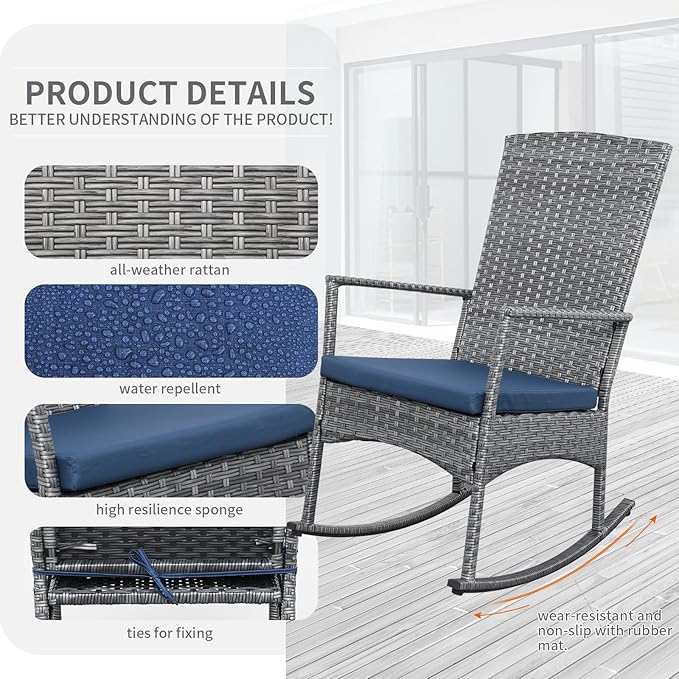 Rocking Chair Outdoor 3 Pieces High-Backed Patio Rocking Chairs Bistro Table - Image 4