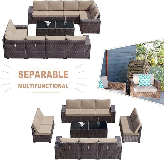 Kullavik 12 Pieces Outdoor Patio Furniture Set PE Wicker Rattan Sectional Sofa - Image 5