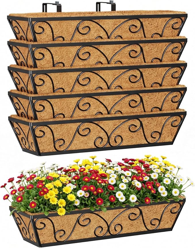 Y&M 24 Inch Window Deck with Coco Liner, Fence Metal Hanging Flower Planter by YM