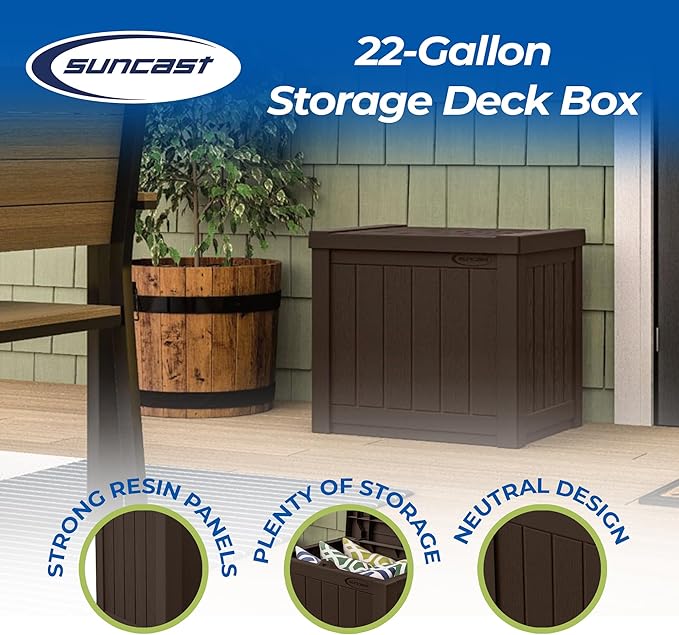 Suncast 17 x 22 Inch Resin 22-Gallon Patio Storage Deck Box, Java Brown - Image 2