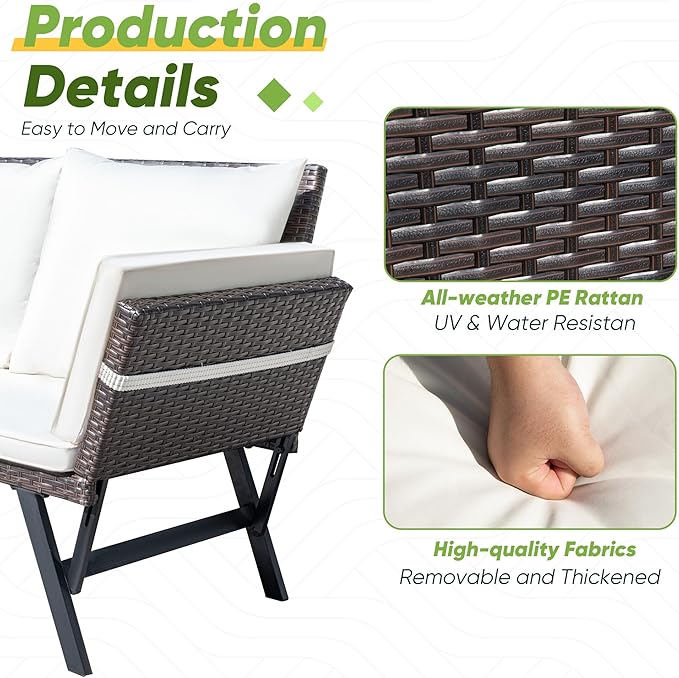 Greesum Outdoor Sofa, Woven Rattan Patio Furniture, Convertible Daybed or - Image 6