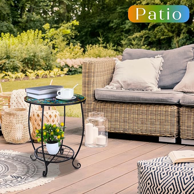 Outdoor Side Table Round Small Mosaic Patio Accent Indoor End Plant Coffee Tea - Image 2