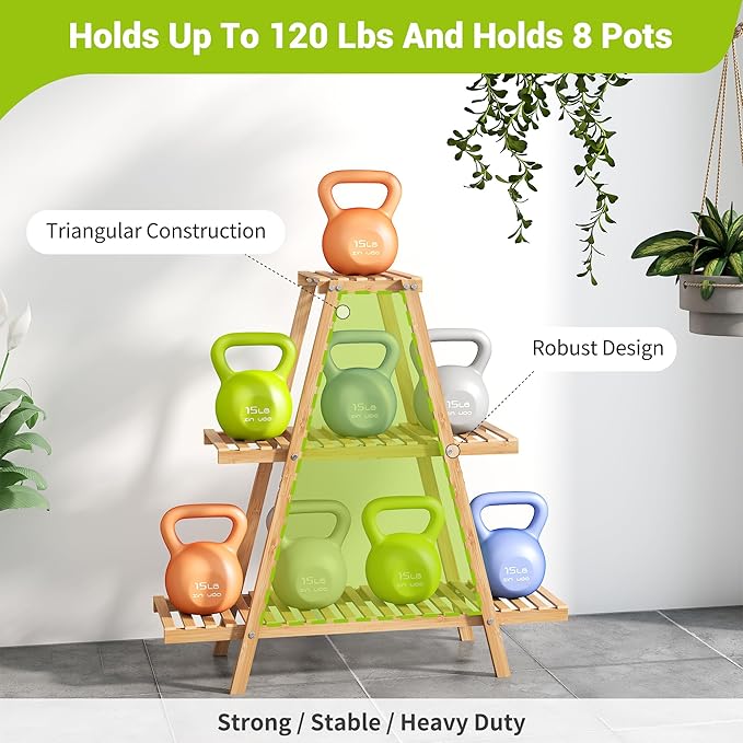BMOSU Plant Stand Bamboo for Indoor Outdoor Tiered Plant Shelf 8 Potted Flower - Image 5