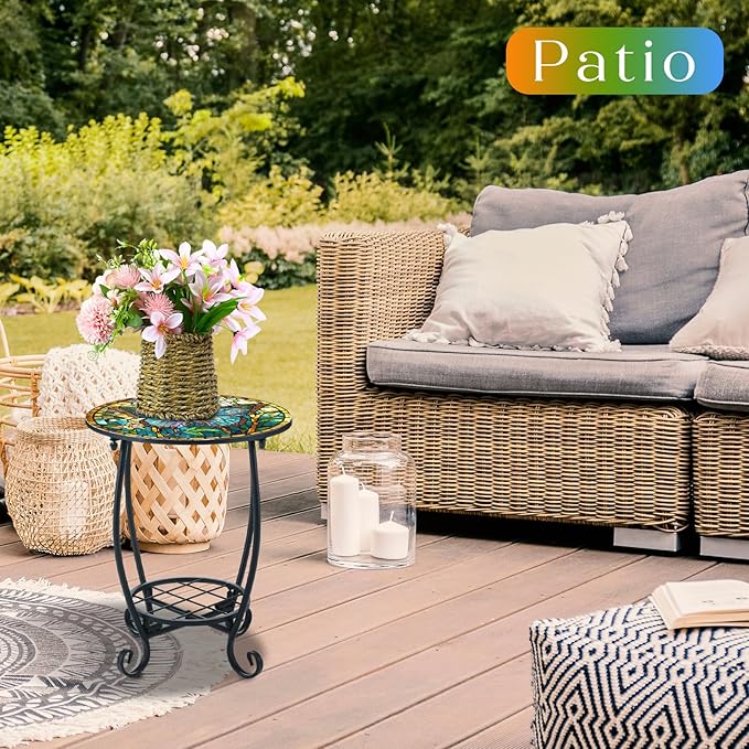 Outdoor Side Table Round Small Mosaic Patio Accent Indoor End Plant Coffee Tea - Image 2